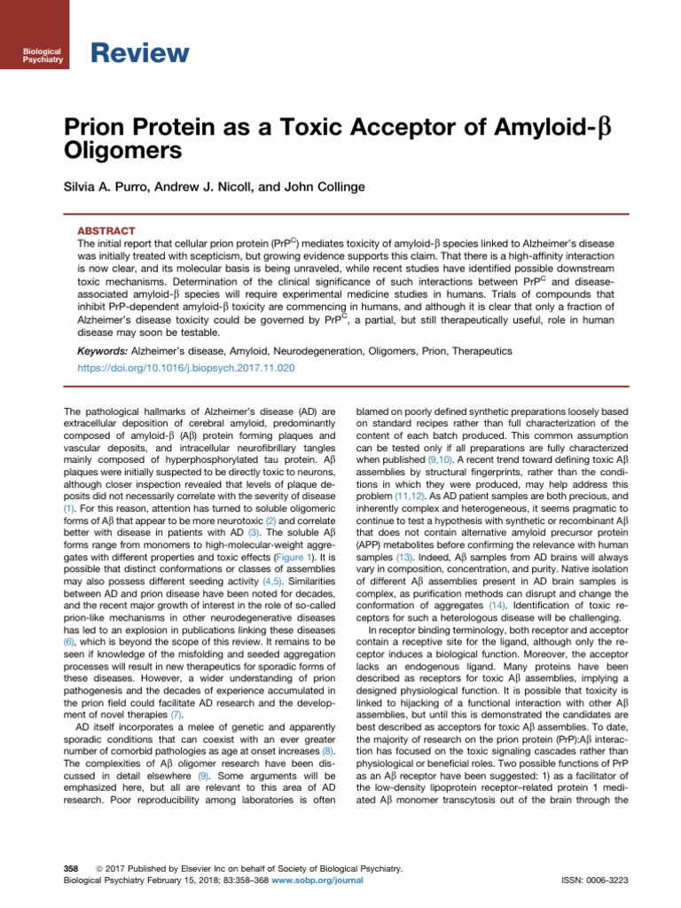 Purro Et Al 2017 - Prion Protein As A Toxic Acceptor of Amyloid-B ...