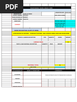 Maintenance Work Order Form for Clinics