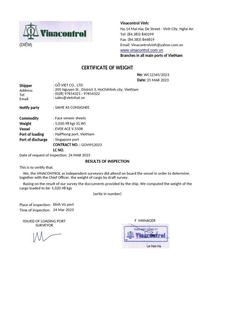 Certificate of Weight for Cargo | PDF