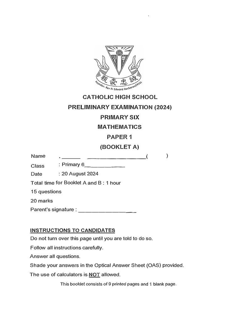 Catholic High P6 Math Prelim 2024 | PDF