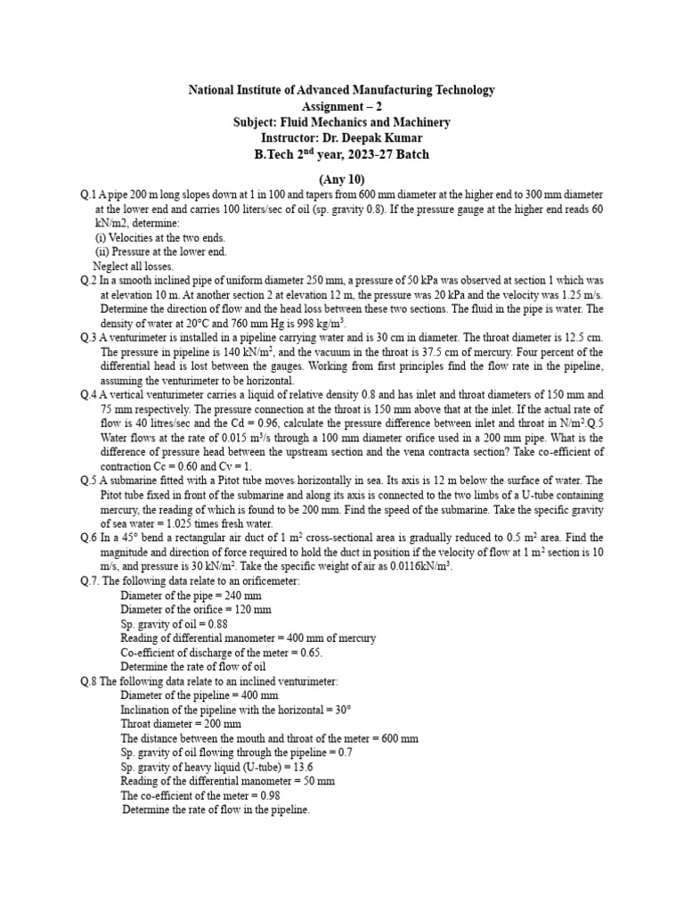 Fluid Mechanics Assignment 2 | PDF | Pressure | Pressure Measurement