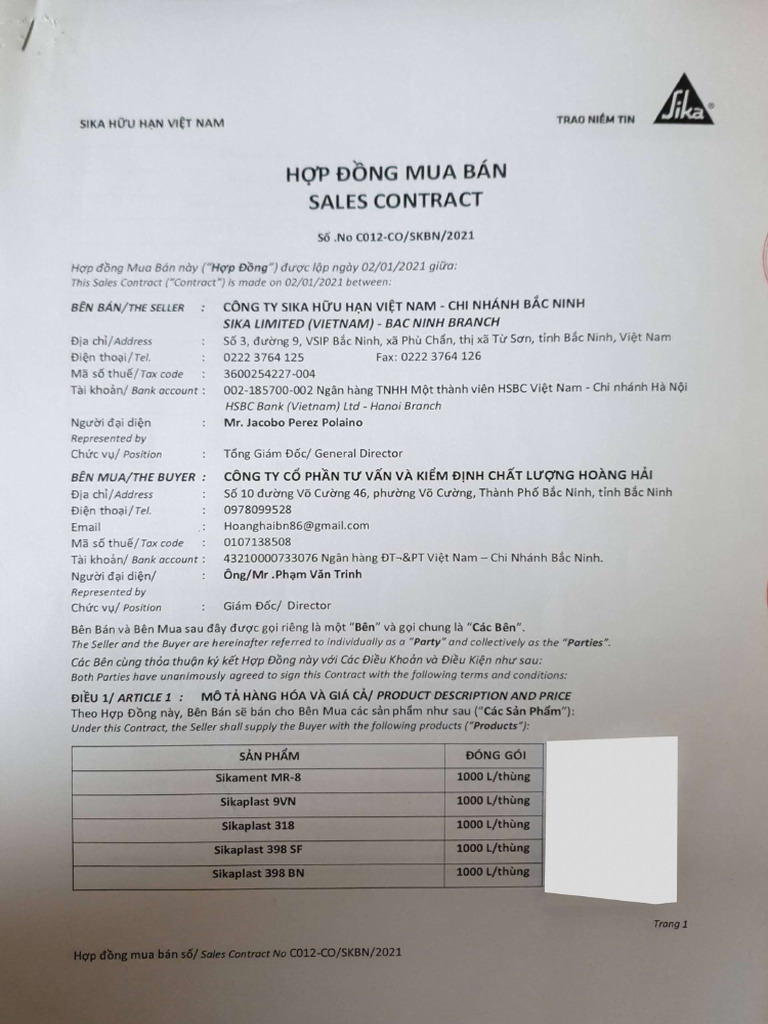 Purchasing Contract Sales Contract Sika Hoang Hai PDF