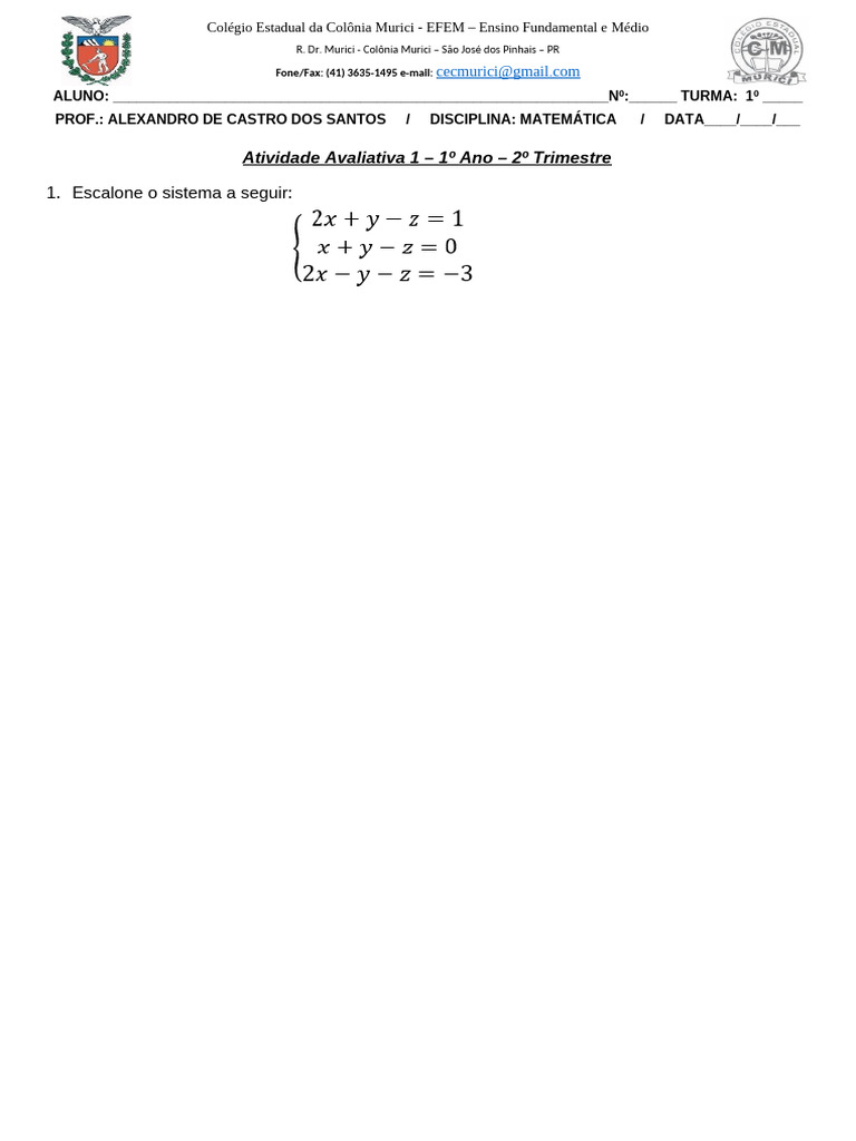 Atividade Avaliativa de Matemática - 1º Ano | PDF | Carreira e Crescimento