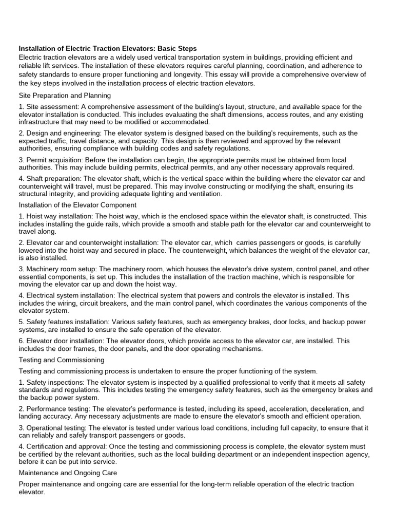 Electric Traction Elevator Installation Guide | PDF | Elevator | Safety