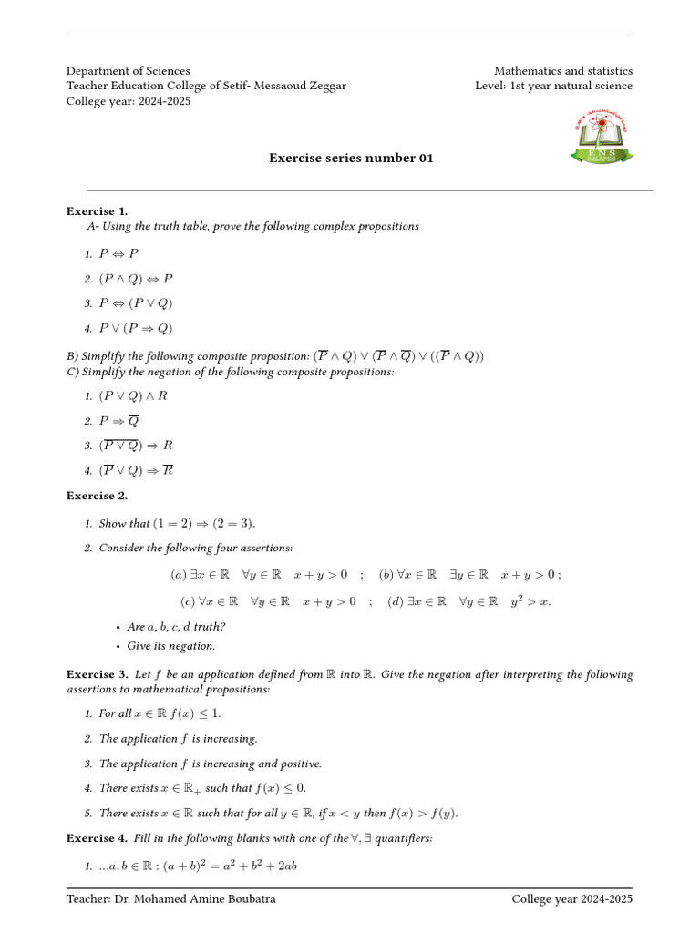 1st Year Natural Science Exercises | PDF | Metalogic | Syntax (Logic)