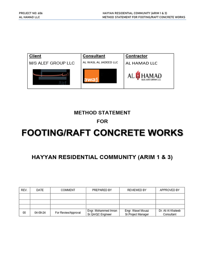 Method Statement for Raft Concrete Works | PDF | Concrete | Safety