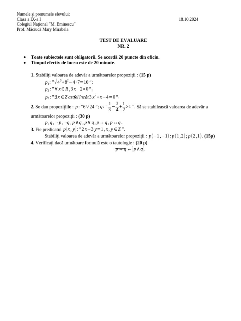 Test Elemente de Logica Matematica Clasa 9 I NR 2 | PDF