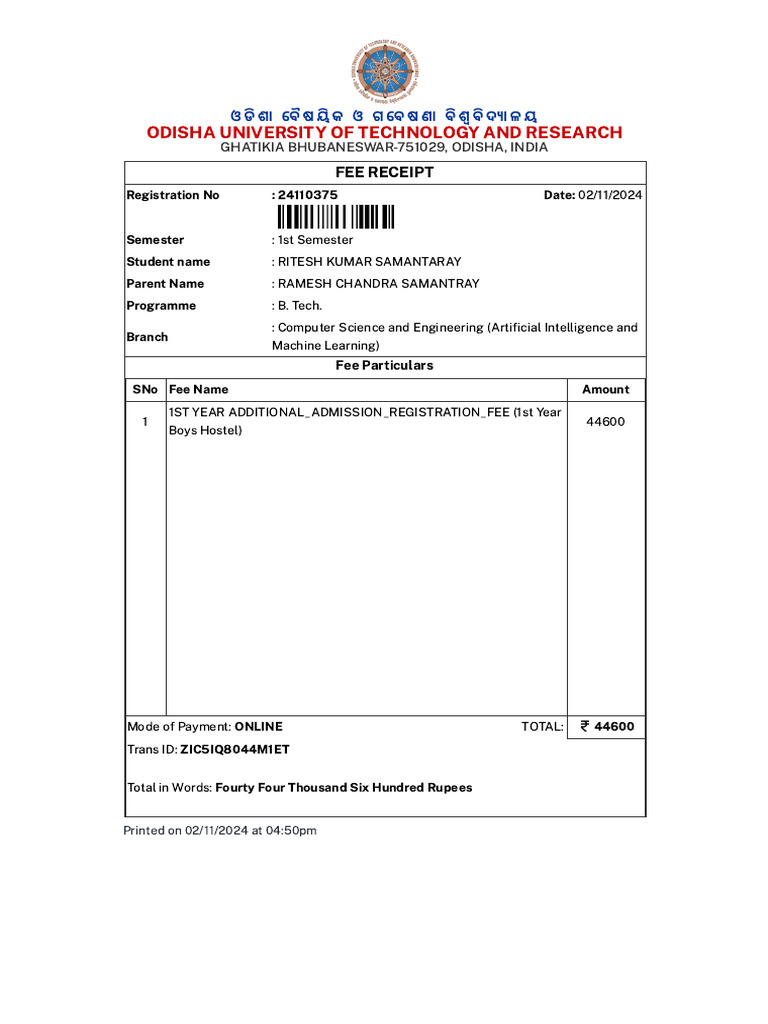 OUTR - ERP - Miscleneous Fee Receipt | PDF