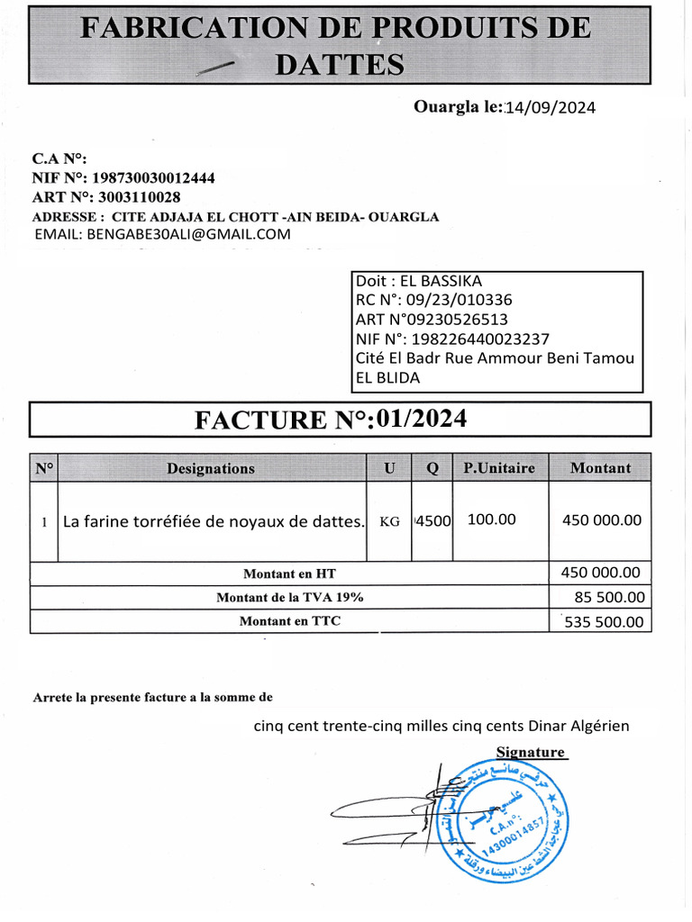Facture de produits à base de dattes | PDF