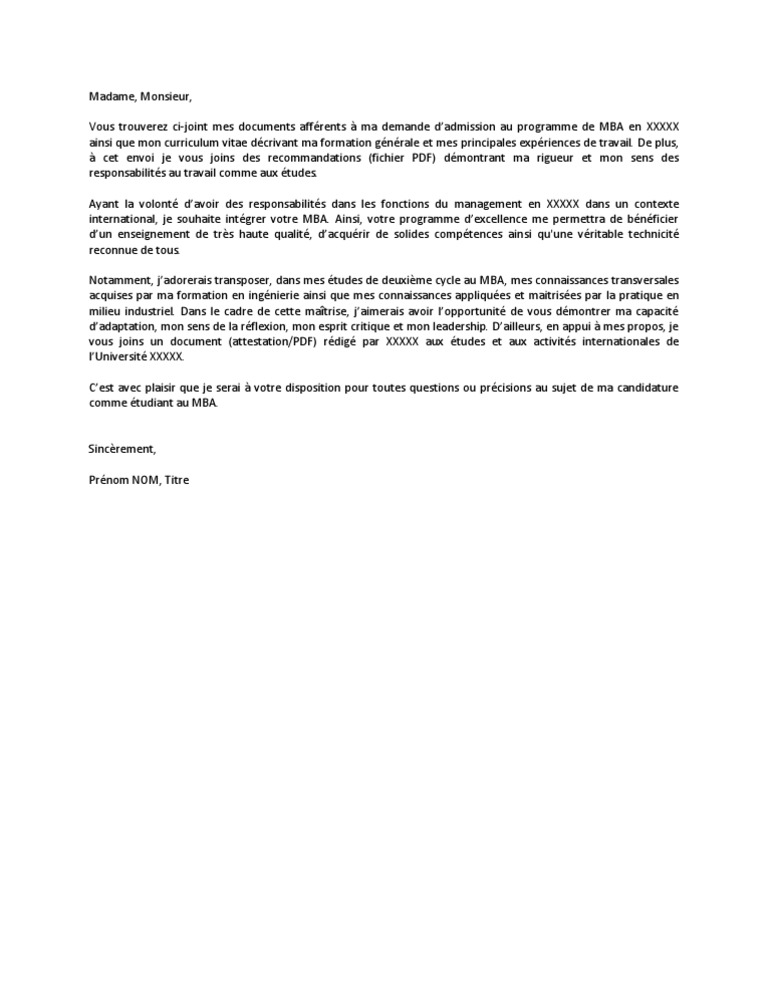 Exemple Lettre Motivation MBA Maîtrise en administration des affaires