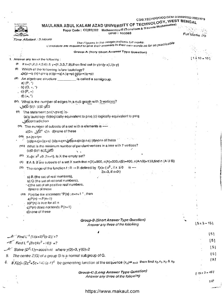 PYQ CE-BS (302) Mathematics-III 2023 | PDF