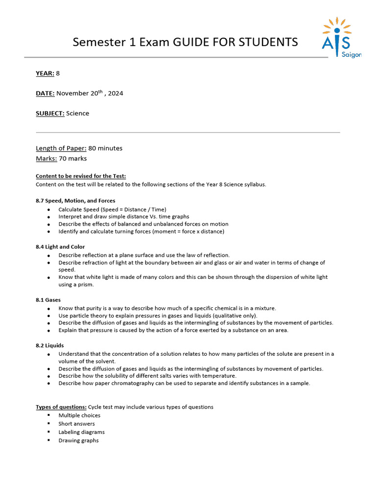 Semester 1 Exam Instructions | PDF | Teaching Methods & Materials ...