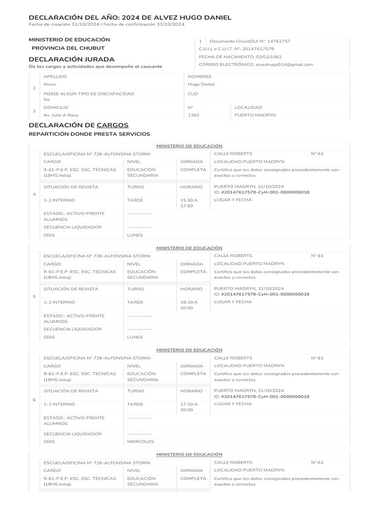 Declaración Jurada Docente 2024 | PDF