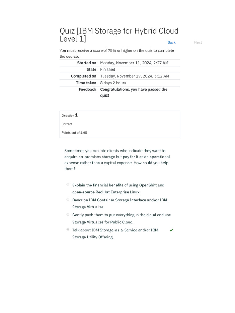 Quiz (IBM Storage For Hybrid Cloud Level 1) - Attempt Review - El | PDF ...