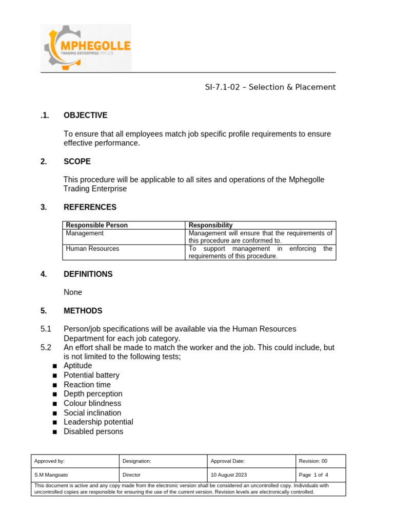 SI-7.1-02-Selection and Placement-Health & Safety | PDF | Employment ...
