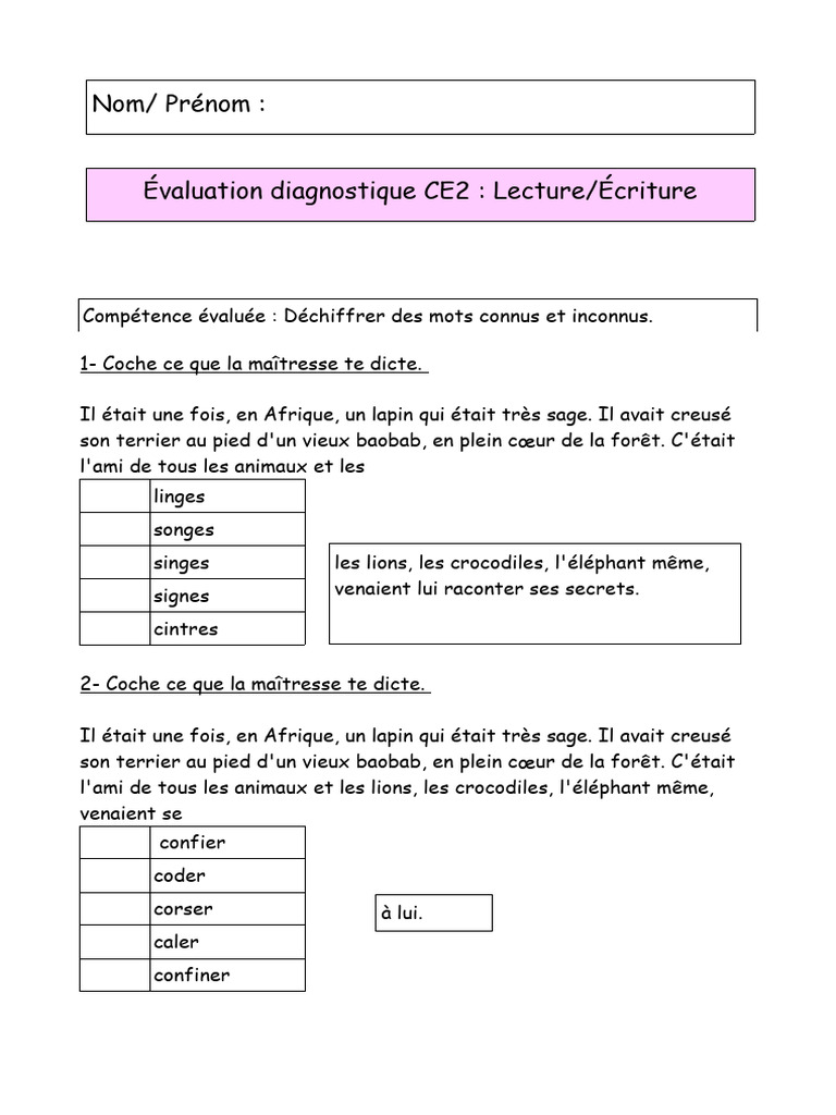 Évaluation CE2 : Lecture et Écriture | PDF | Chocolat | Solides de cacao