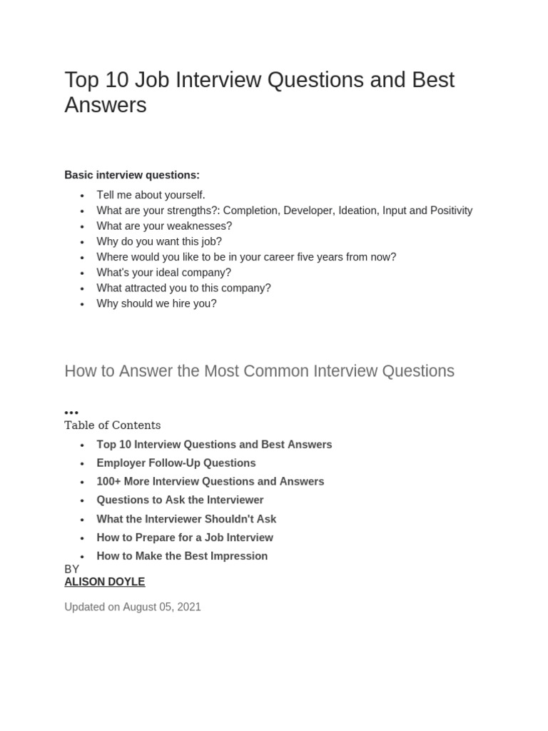 Top 10 Job Interview Questions and Best Answers | PDF | Job Interview ...