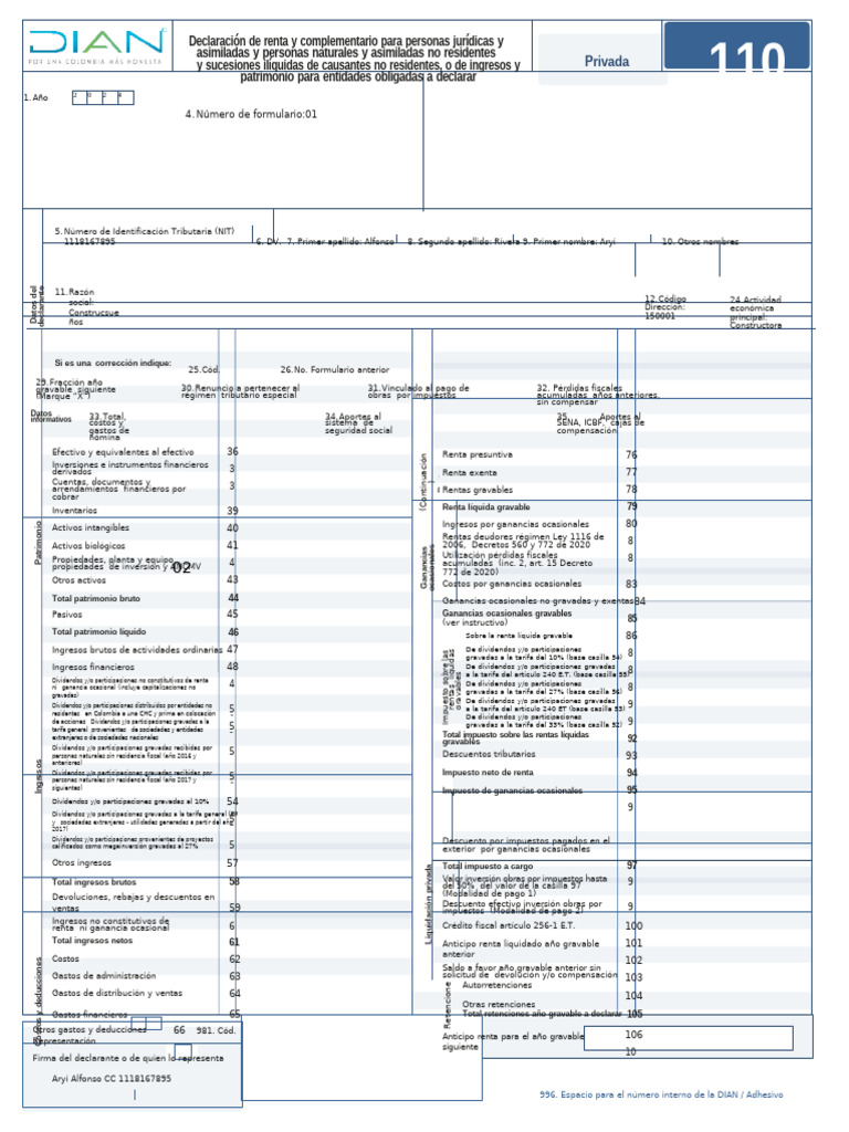 Declaracion de Renta Persona Juridica, Credito Constructor | PDF ...