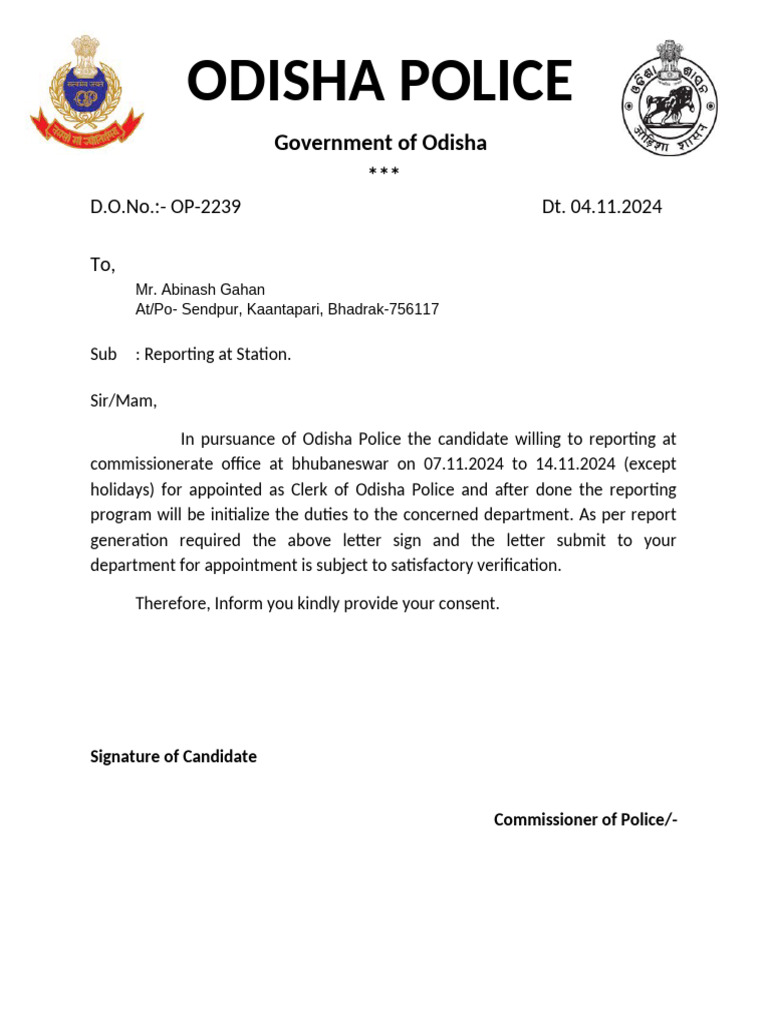 Odisha Police Clerk Reporting Notice | PDF