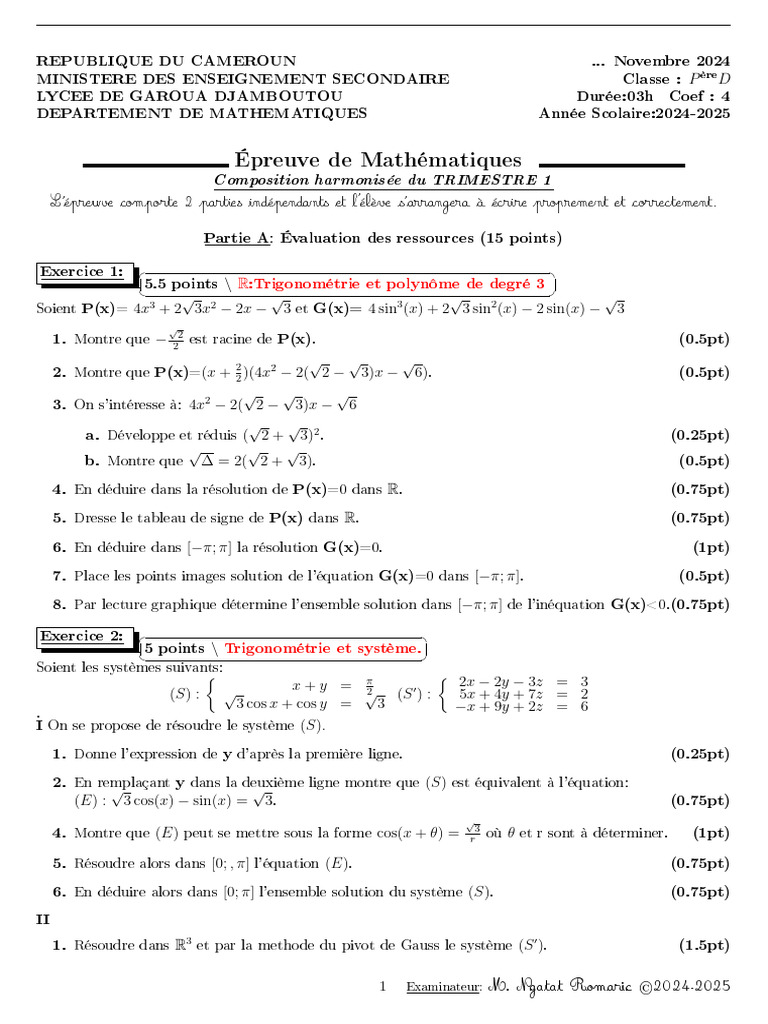 Épreuve de Mathématiques - Trim. 1 | PDF | Mathématiques | Algèbre