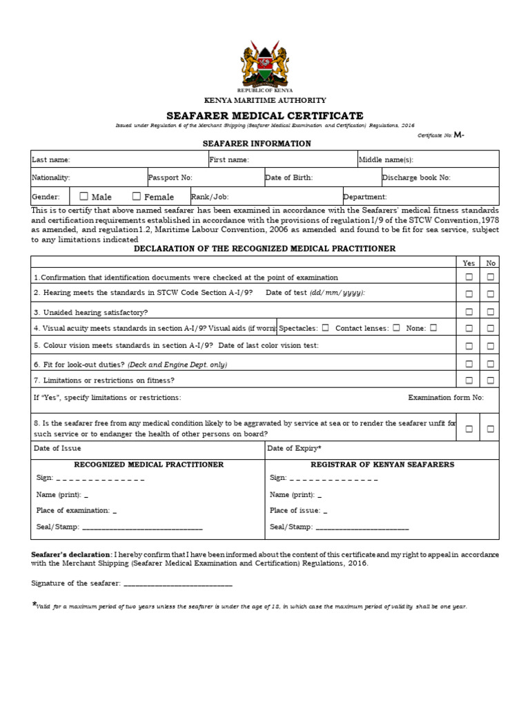 Seafarer Medical Fitness Certificate | PDF | Sailor