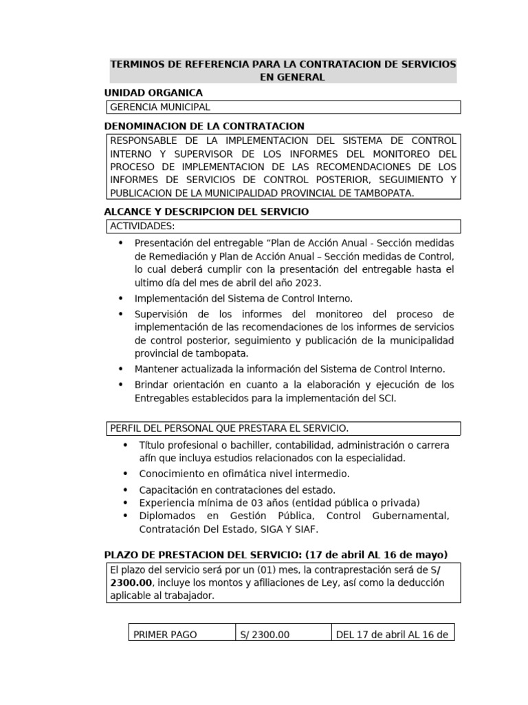 Terminos De Referencia Para La Contratacion De Servicios En General 
