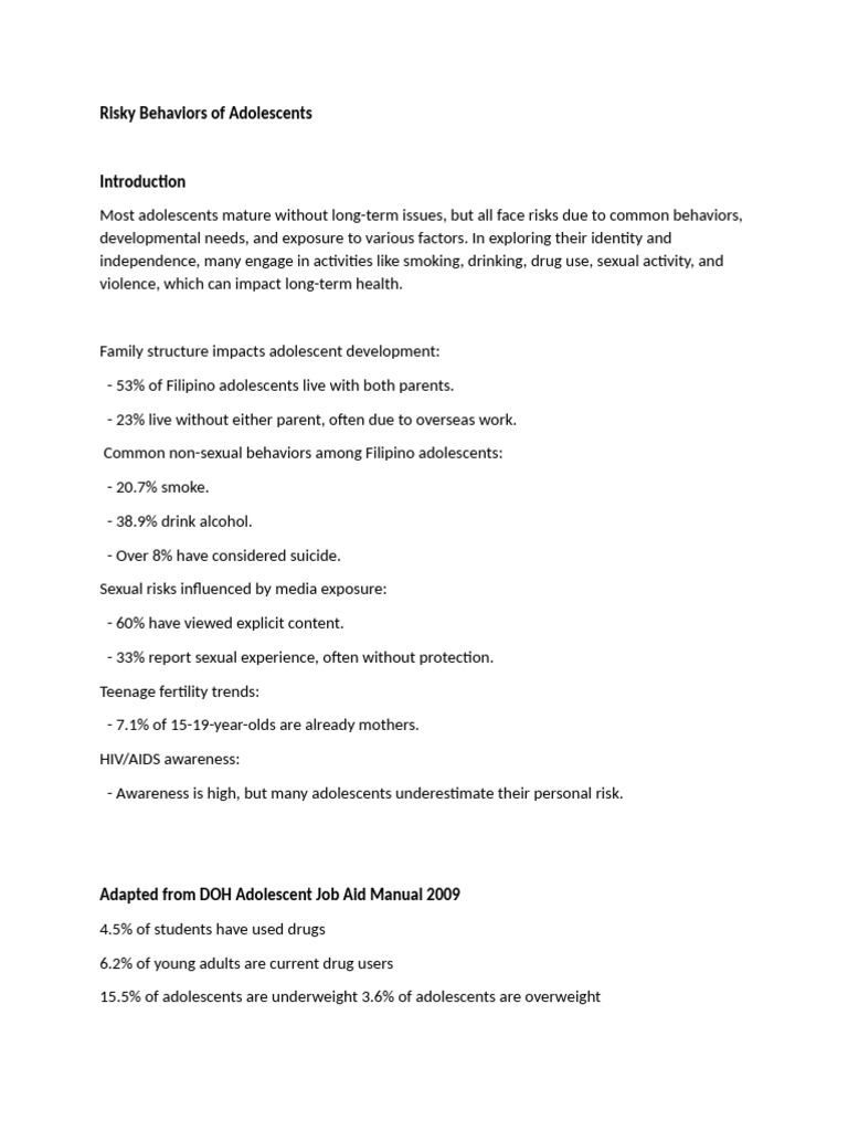 Adolescent Risky Behaviors Overview | PDF | Adolescence | Human Sexuality