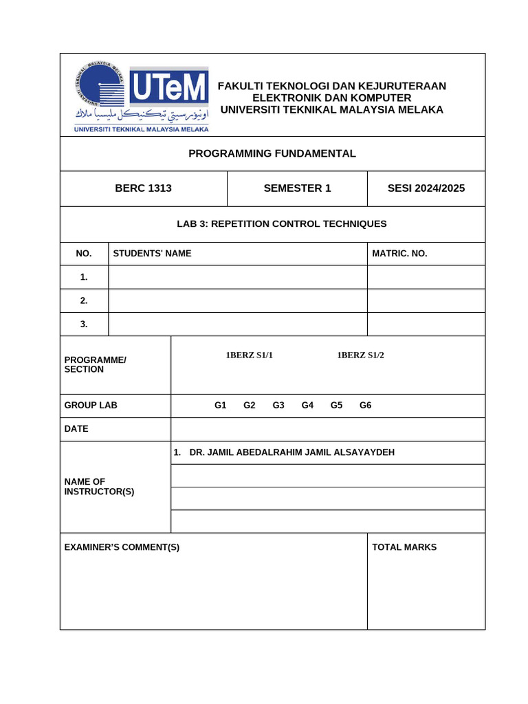 BERC 1313 Lab 3 REPETITION CONTROL - 2024 - 2025 - Sem1 | PDF | Control ...