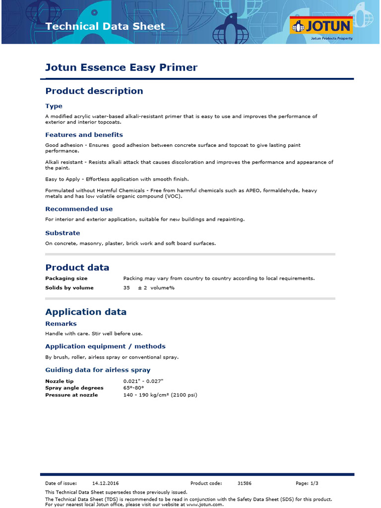 Jotun Essence Easy Primer Overview | PDF | Paint | Ventilation ...
