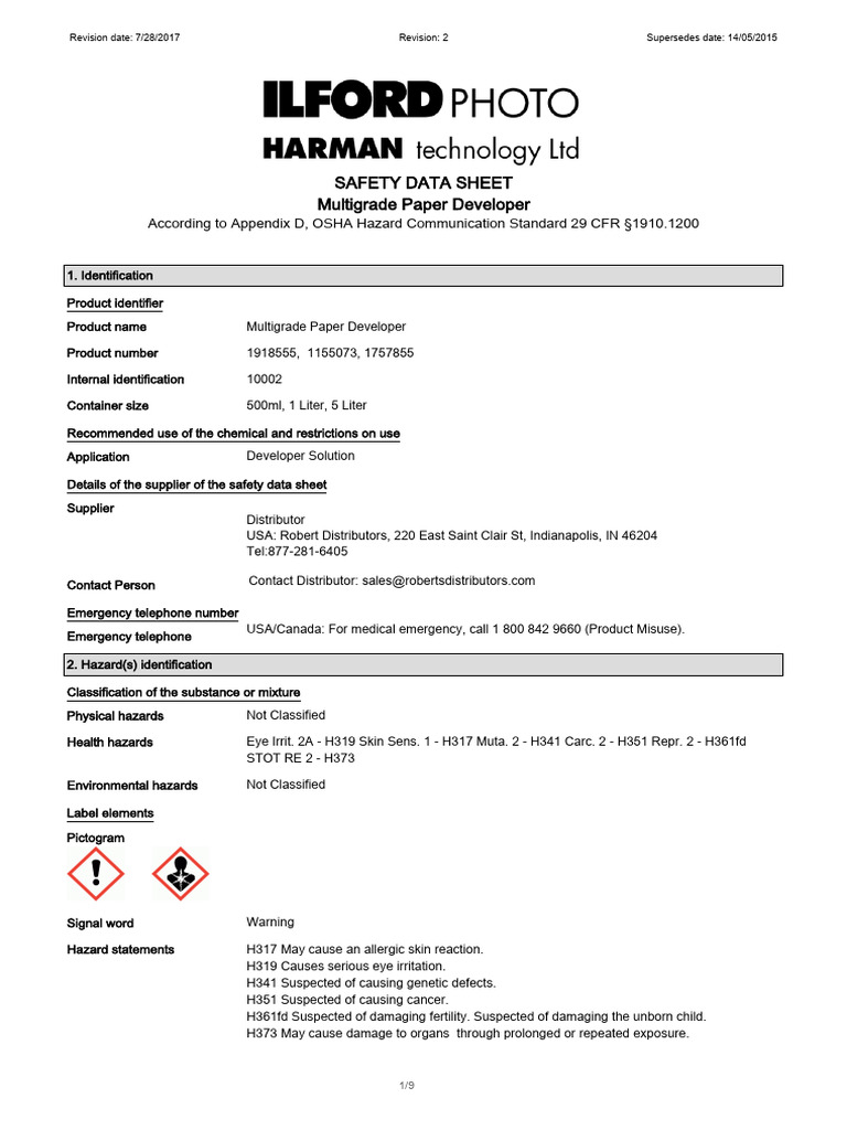 Multigrade Paper Developer US G17!1!10002 | PDF | Toxicity | Chemistry