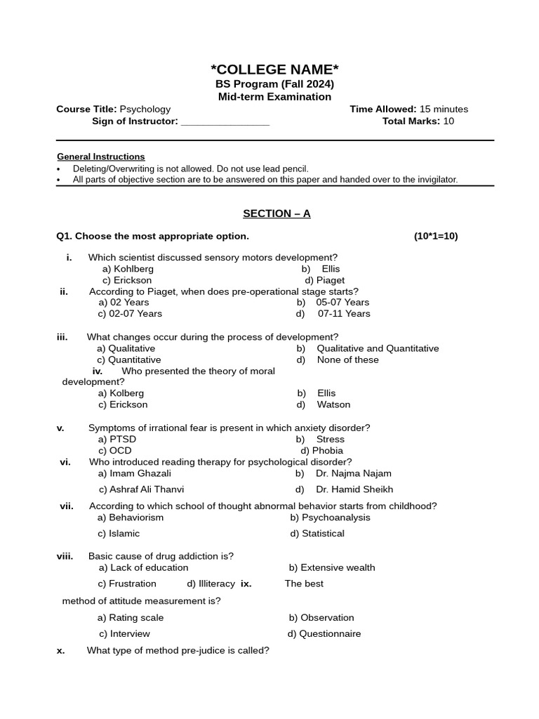 Psychology Midterm Exam Paper | PDF | Psychology | Phobia