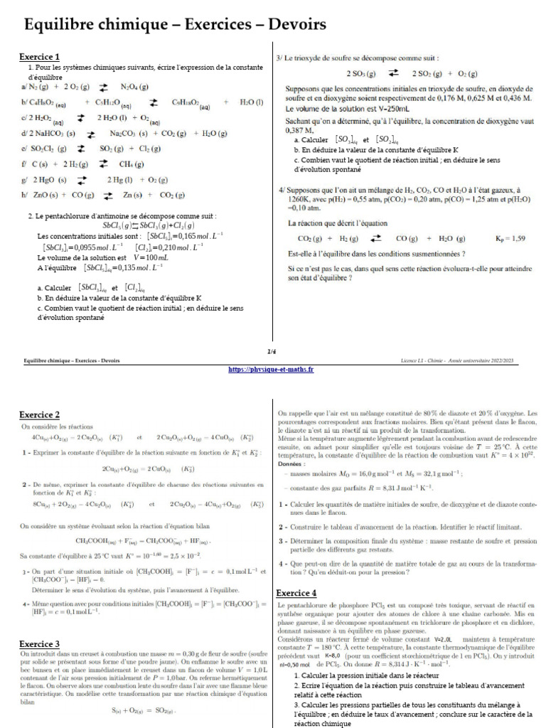 Exercices d'équilibre chimique corrigés | PDF | Équilibre chimique ...
