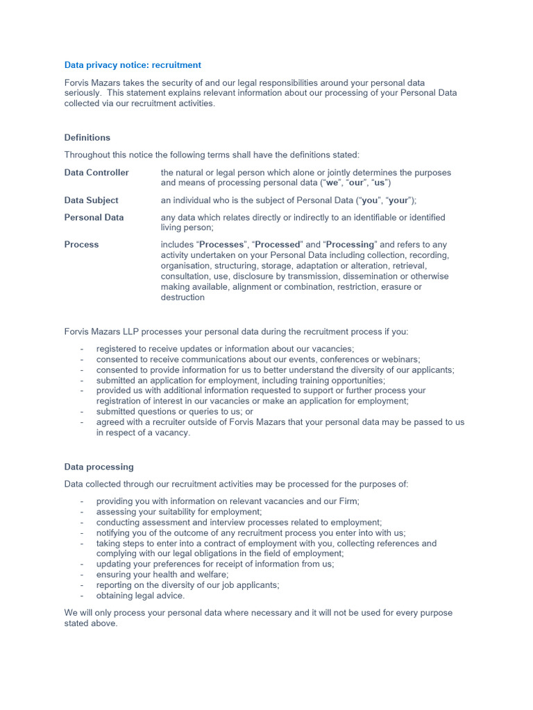 Recruitment Data Privacy Notice | PDF | Consent | Employment