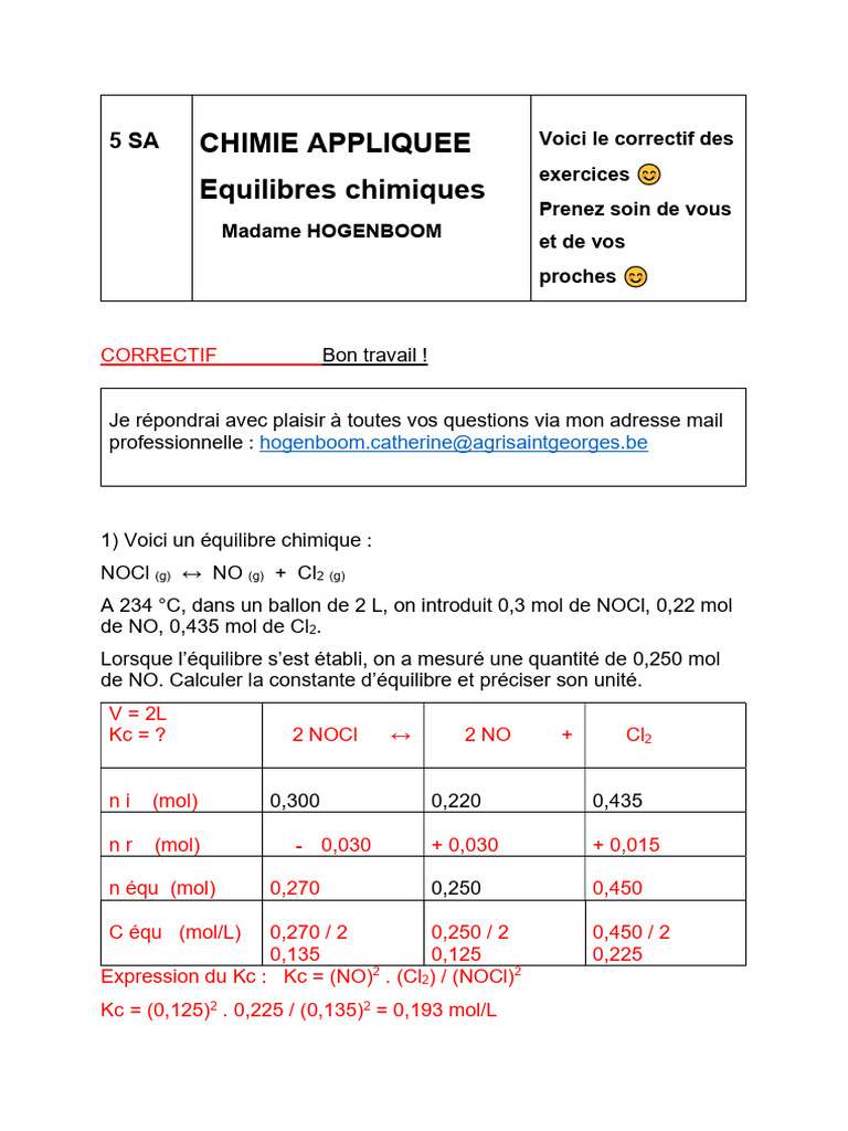 Correctifs d'équilibres chimiques en 5 exercices | PDF | Équilibre ...