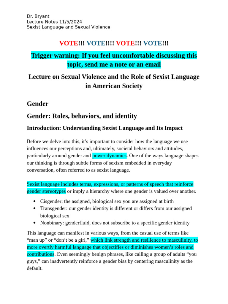 Sexist Language and Sexual Violence Lecture Notes | PDF | Sexism | Violence