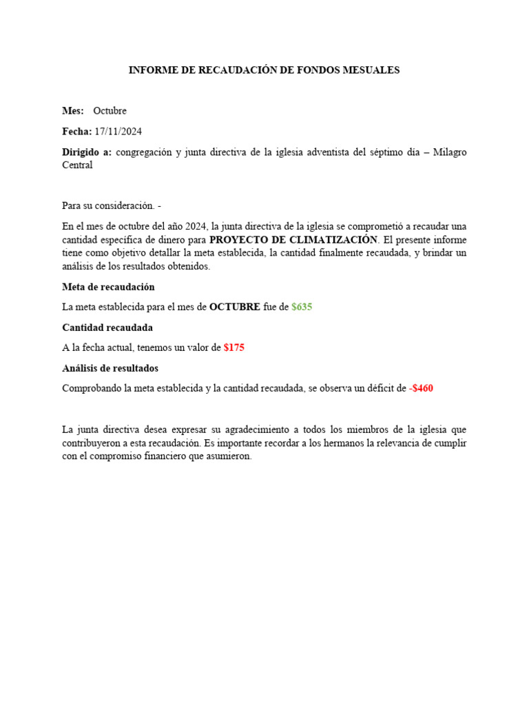Informe de Recaudación de Fondos Mesuales - Octubre | PDF