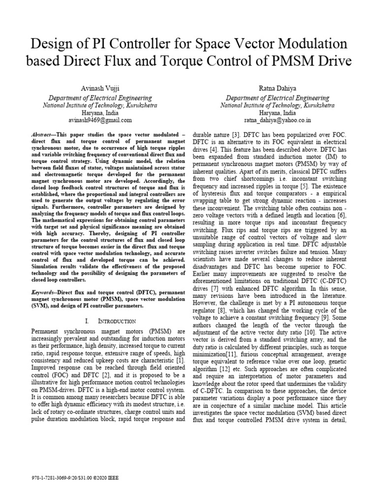 Design of pi controller for space vector modulation based direct flux