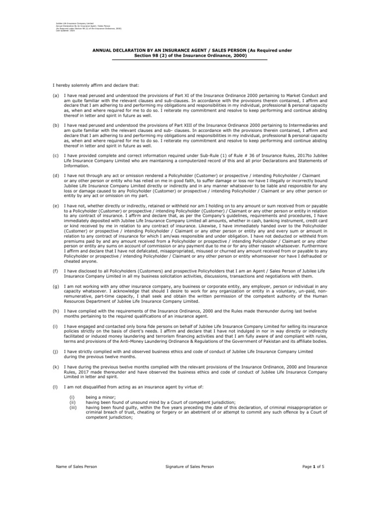 Annual Declaration - Conventional 2020 | PDF | Insurance | Life Insurance