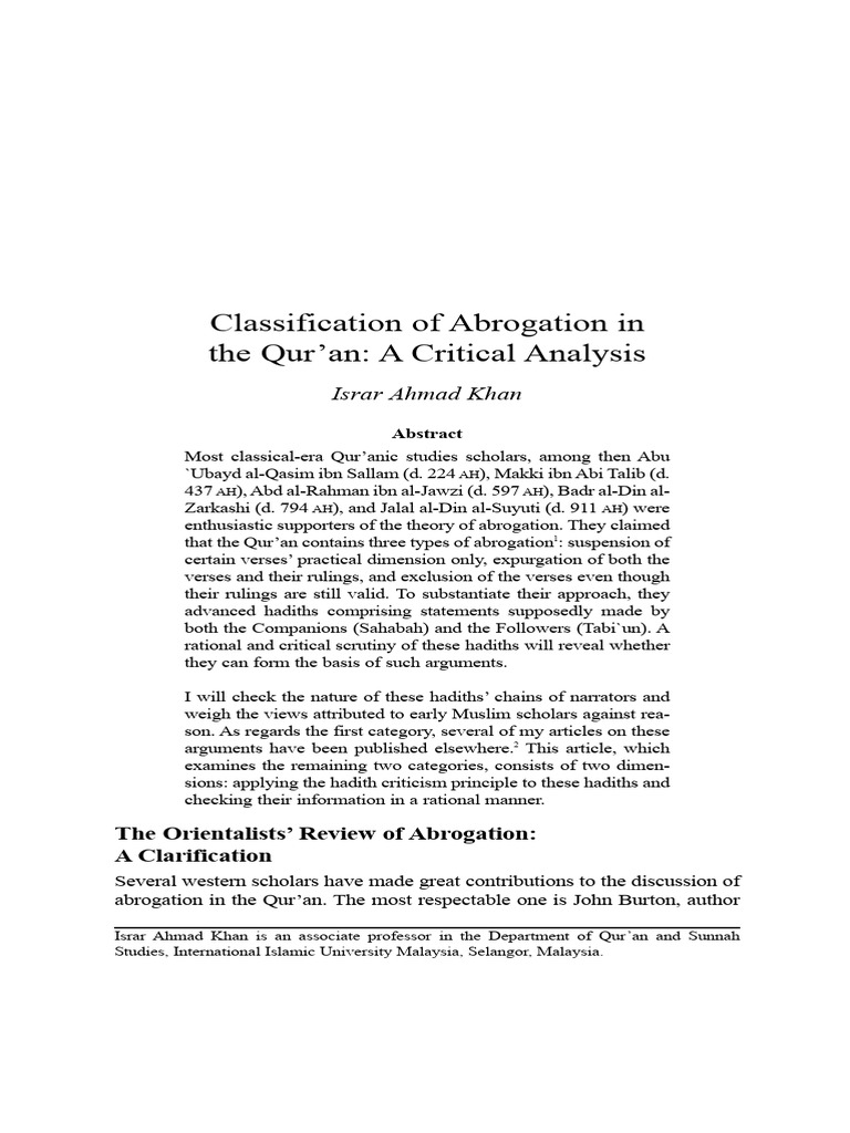 Classification of Abrogation in The Qur'an: A Critical Analysis | PDF ...