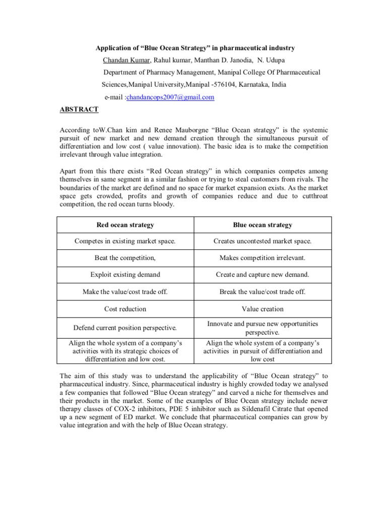 Abstract Application Of Blue Ocean Strategy In Pharmaceutical Industry
