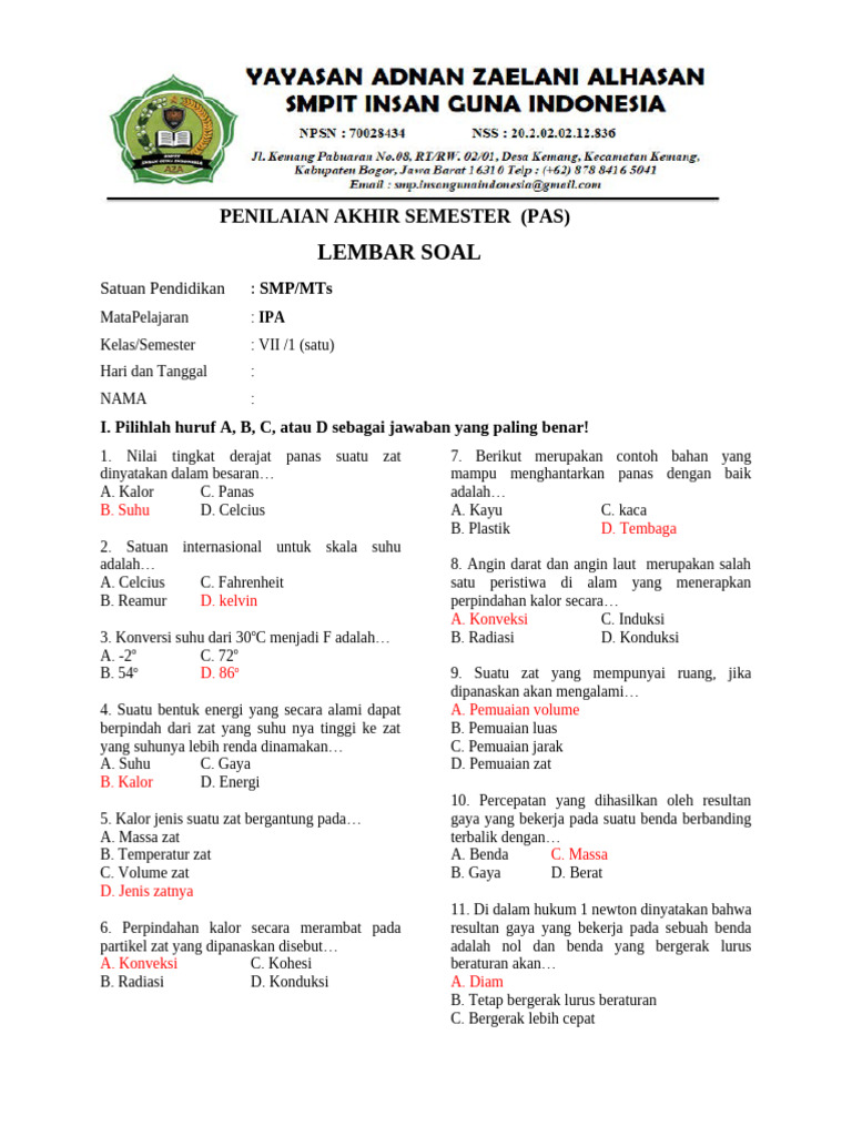 Soal PAS IPA Kelas VII SMP/MTs | PDF