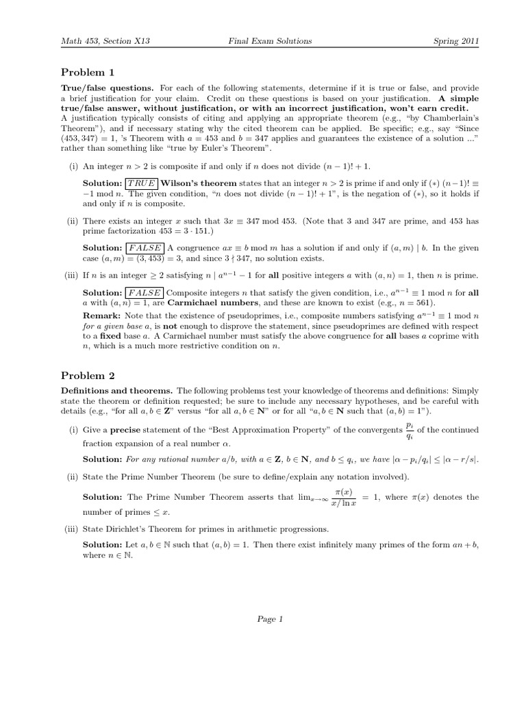 Math 453 Final Exam Solutions 2011 | PDF | Prime Number | Numbers