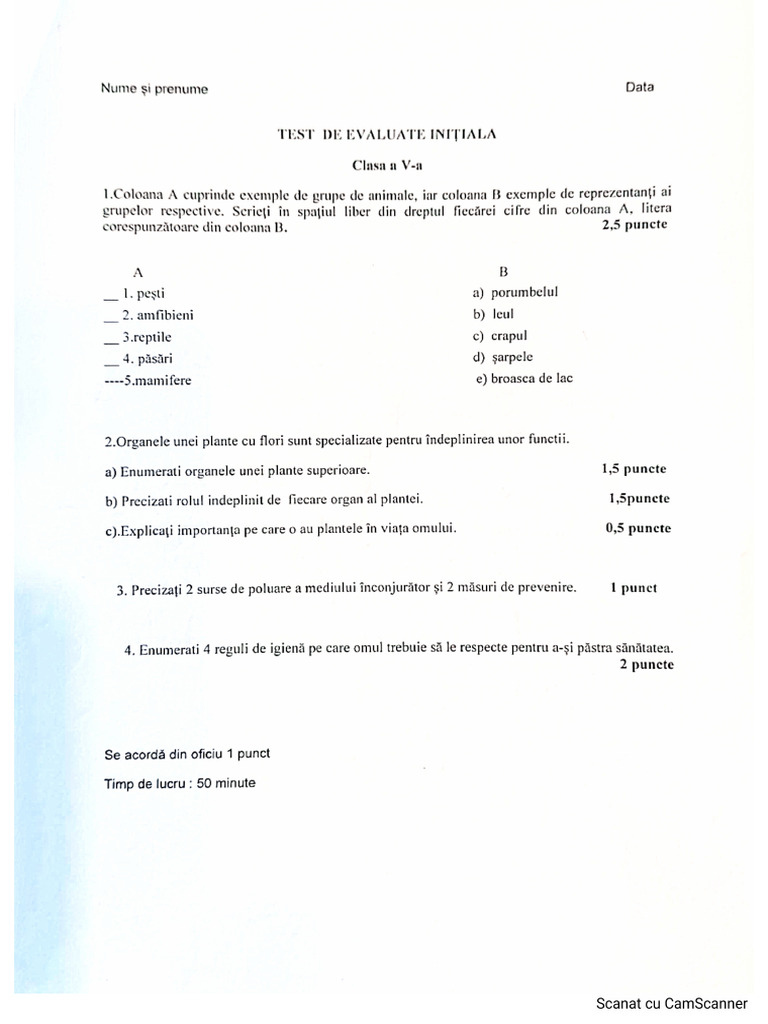 Test Initial Biologie Clasa V 2024-2024 | PDF