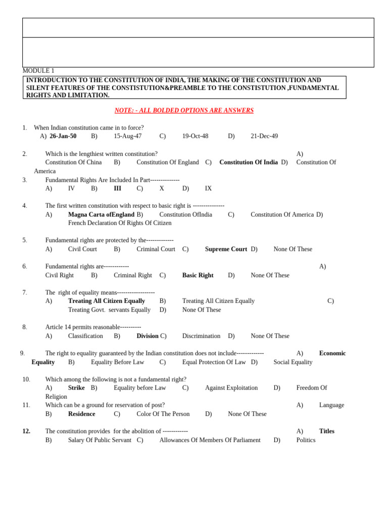 Indian Constitution Quiz Guide | PDF | State Of Emergency | Constitution
