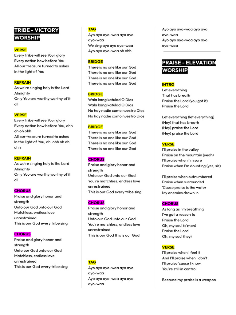 Sunday Worship Lineup and Lyrics | PDF | Song Structure | Refrain