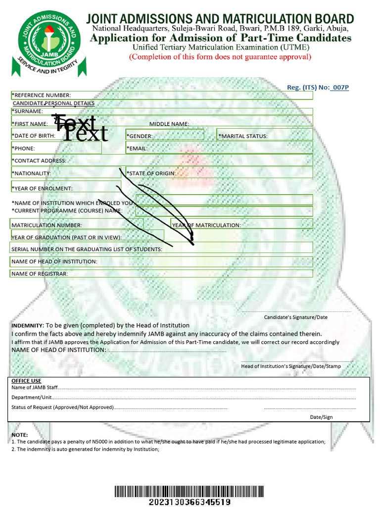 JAMB Part-Time Admission Application Form | PDF