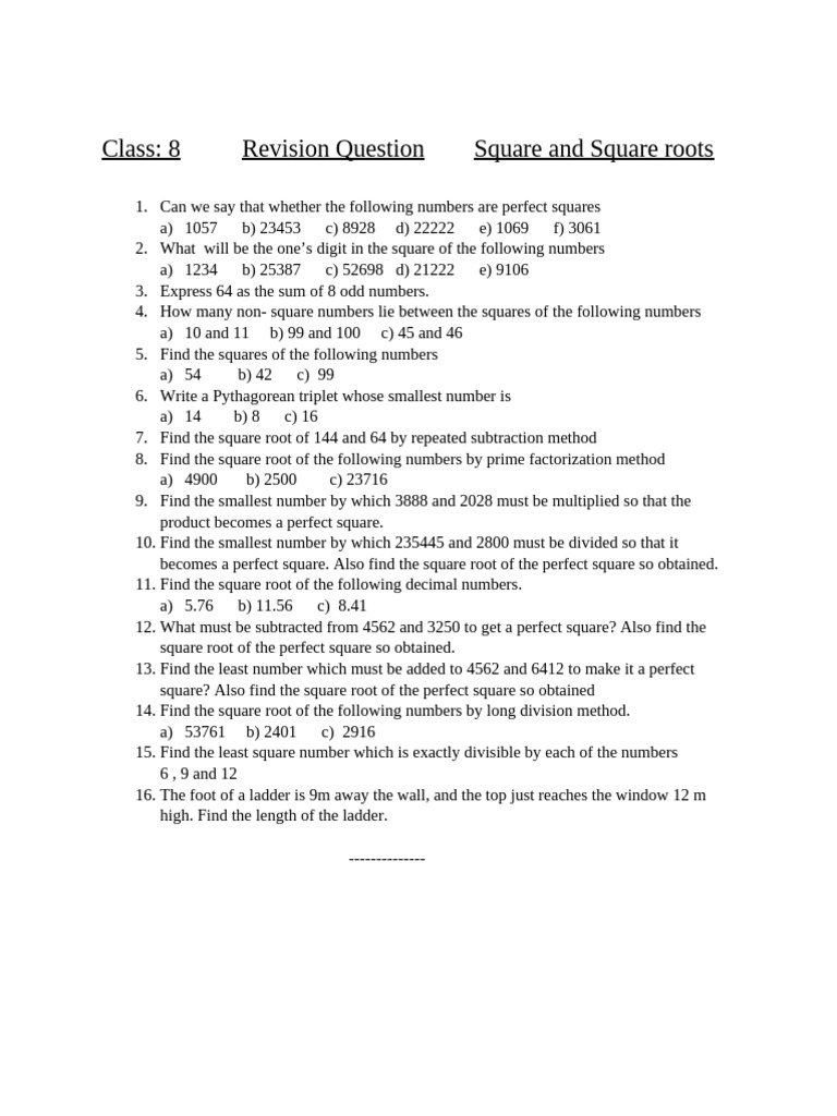Class 8 Square and Square Roots Revision | PDF | Teaching Methods ...
