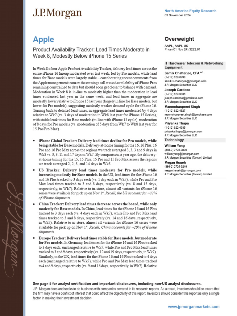 Apple: Product Availability Tracker: Lead Times Moderate in Week 8 Modestly  Below Iphone 15 Series | PDF | I Phone | Apple Inc. Hardware