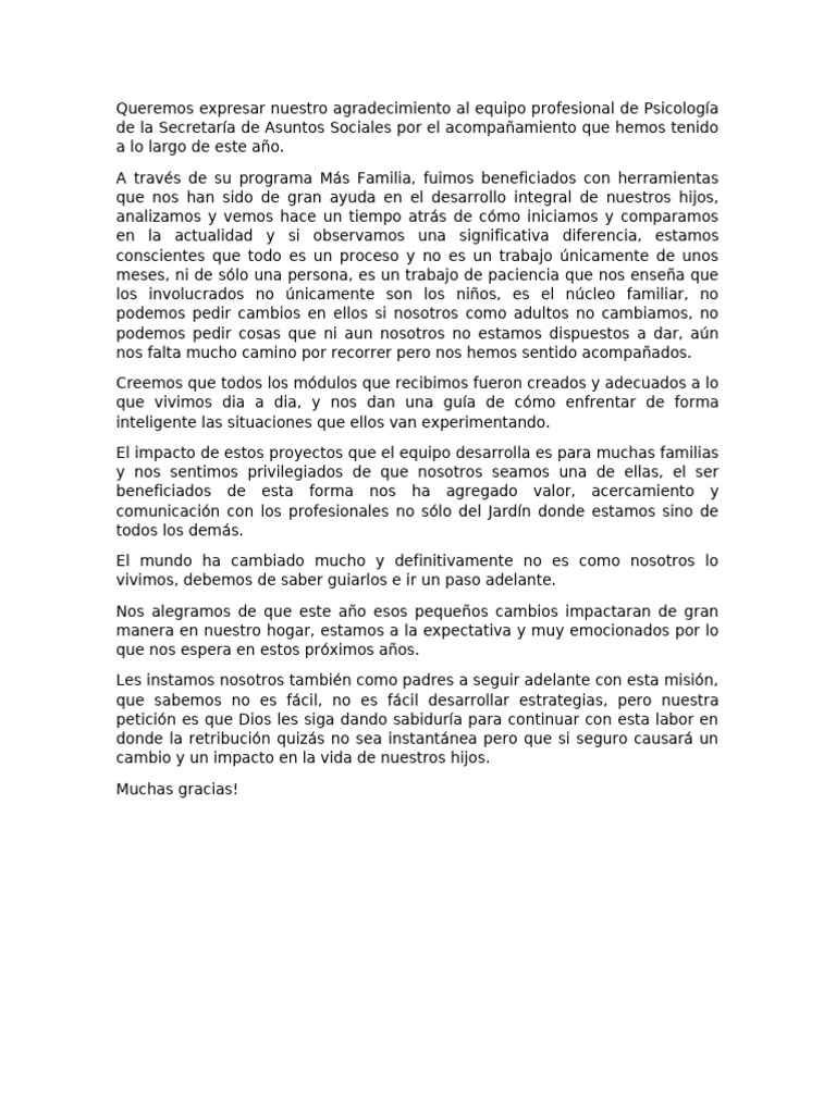 Palabras Agradecimiento Equipo Psicologia | PDF | Salud y bienestar