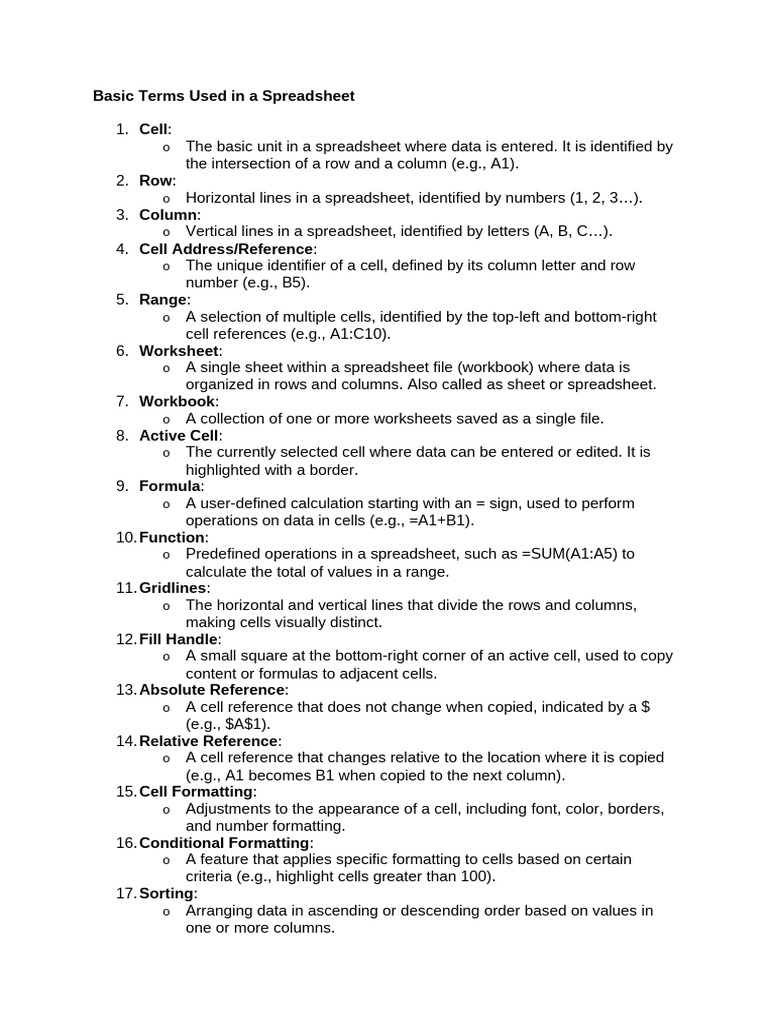 Basic Terms Used in A Spreadsheet | PDF | Spreadsheet | Computer ...